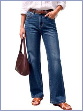 High Waisted Wide Straight Leg Jeans Elastic Waist Cotton Blend